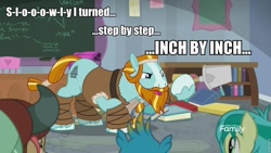 Size: 960x540 | Tagged: safe, screencap, character:gallus, character:rockhoof, character:sandbar, character:yona, species:earth pony, species:pony, episode:a rockhoof and a hard place, g4, my little pony: friendship is magic, beard, clothing, crouching, facial hair, hoof wraps, image macro, male, meme, moustache, rockhoof's shovel, shovel, silly, solo focus, stallion, the three stooges, very silly