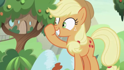Size: 1334x750 | Tagged: safe, screencap, character:applejack, species:earth pony, species:pony, episode:sounds of silence, g4, my little pony: friendship is magic, awkward smile, boop, female, glimmerposting, grin, mare, meme, rubbing nose, self-boop, smiling, solo
