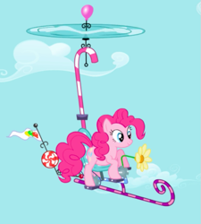 Size: 519x577 | Tagged: safe, screencap, character:pinkie pie, species:earth pony, species:pony, episode:griffon the brush-off, cropped, female, flying, flying contraption, mare, pinkiecopter
