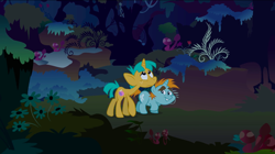 Size: 1440x808 | Tagged: safe, screencap, character:snails, character:snips, species:pony, species:unicorn, episode:boast busters, g4, my little pony: friendship is magic, bucktooth, colt, duo, everfree forest, foal, male, night, scared, snips and snails
