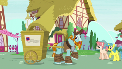 Size: 1280x720 | Tagged: safe, screencap, character:lemon hearts, character:raspberry vinaigrette, character:rockhoof, species:earth pony, species:pony, species:unicorn, episode:a rockhoof and a hard place, g4, my little pony: friendship is magic, beard, braid, cart, clothing, facial hair, female, hat, hoof wraps, mailmare hat, male, mare, moustache, ponyville, raised hoof, stallion