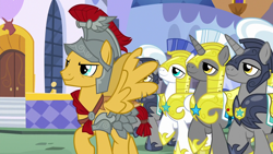 Size: 1280x720 | Tagged: safe, screencap, character:flash magnus, species:pegasus, species:pony, species:unicorn, episode:a rockhoof and a hard place, g4, my little pony: friendship is magic, armor, helmet, male, marching, night guard, royal guard, stallion