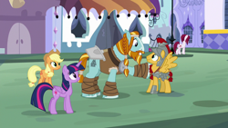 Size: 1280x720 | Tagged: safe, screencap, character:applejack, character:cayenne, character:flash magnus, character:rockhoof, character:twilight sparkle, character:twilight sparkle (alicorn), species:alicorn, species:earth pony, species:pegasus, species:pony, episode:a rockhoof and a hard place, g4, my little pony: friendship is magic, armor, beard, braid, clothing, cutie mark, facial hair, female, hoof wraps, male, mare, moustache, rockhoof's shovel, shovel, stallion
