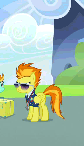 Size: 288x500 | Tagged: safe, screencap, character:lightning dust, character:spitfire, episode:wonderbolts academy, angry, animated, blinking, cloud, cloudy, cute, flying, frown, glare, hoofy-kicks, jumping, open mouth, pronking, smiling, solo focus, spread wings, sunglasses, wings
