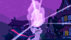 Size: 1280x720 | Tagged: safe, screencap, character:twilight sparkle, character:twilight sparkle (unicorn), species:pony, species:unicorn, episode:boast busters, g4, my little pony: friendship is magic, season 1, eyes closed, female, glowing horn, gritted teeth, magic, magic aura, mare, night, ponyville, sparks, straining