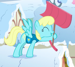Size: 361x324 | Tagged: safe, screencap, character:sassaflash, species:pegasus, species:pony, episode:winter wrap up, g4, my little pony: friendship is magic, background pony, cropped, dexterous hooves, eyes closed, female, hoof hold, mare, snow, snow shovel, solo focus, spread wings, weather team, wings, winter wrap up song, winter wrap up vest