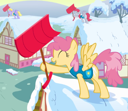 Size: 580x503 | Tagged: safe, screencap, character:cloud kicker, character:dizzy twister, character:orange swirl, species:pegasus, species:pony, episode:winter wrap up, g4, my little pony: friendship is magic, background pony, cropped, eyes closed, female, house, mare, ski doo, snow, snow shovel, spread wings, weather team, wings, winter wrap up song, winter wrap up vest