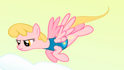 Size: 468x266 | Tagged: safe, screencap, character:honey rays, species:pegasus, species:pony, episode:winter wrap up, g4, my little pony: friendship is magic, background pony, cropped, female, flying, mare, narrowed eyes, solo, weather team, winter wrap up vest