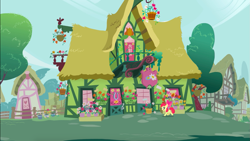 Size: 1343x756 | Tagged: safe, screencap, character:apple bloom, species:earth pony, species:pony, episode:call of the cutie, g4, my little pony: friendship is magic, female, filly, flower, foal, house, ponyville, solo, twist's house