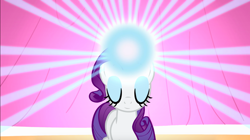 Size: 1346x755 | Tagged: safe, screencap, character:rarity, species:pony, episode:suited for success, g4, my little pony: friendship is magic, eyes closed, eyeshadow, female, glowing horn, light, magic, makeup, mare, solo