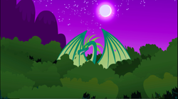 Size: 1351x757 | Tagged: safe, screencap, species:dragon, episode:owl's well that ends well, g4, my little pony: friendship is magic, everfree forest, forest, male, moon, night, reginald, spread wings, wings