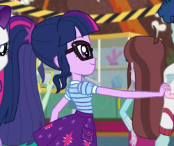 Size: 731x613 | Tagged: safe, screencap, character:pinkie pie, character:rarity, character:twilight sparkle, character:twilight sparkle (scitwi), species:eqg human, episode:school of rock, g4, my little pony:equestria girls, cropped, glasses, offscreen character, ponytail
