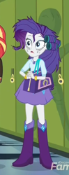 Size: 210x529 | Tagged: safe, screencap, character:rarity, character:sunset shimmer, episode:monday blues, eqg summertime shorts, g4, my little pony:equestria girls, boots, clothing, cropped, female, messy hair, purse, shoes, skirt