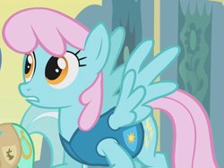 Size: 747x562 | Tagged: safe, screencap, character:lyra heartstrings, character:sassaflash, species:pegasus, species:pony, episode:winter wrap up, g4, my little pony: friendship is magic, background pony, cropped, female, mare, pink mane, pinkish, recolor, solo focus, spread wings, weather team, wings, winter wrap up vest