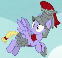Size: 580x540 | Tagged: safe, screencap, character:iron eagle, species:pegasus, species:pony, episode:campfire tales, g4, my little pony: friendship is magic, armor, background pony, cropped, female, flying, helmet, mare, royal legion, solo