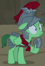 Size: 350x512 | Tagged: safe, screencap, character:verdigris, species:pegasus, species:pony, episode:campfire tales, g4, my little pony: friendship is magic, armor, background pony, cropped, female, helmet, mare, raised hoof, royal legion, shrunken pupils, solo