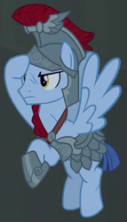 Size: 355x620 | Tagged: safe, screencap, character:cerulean slate, species:pegasus, species:pony, episode:campfire tales, g4, my little pony: friendship is magic, armor, background pony, cropped, flying, helmet, male, royal legion, salute, solo, stallion