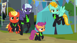 Size: 1280x720 | Tagged: safe, screencap, character:lightning dust, character:rolling thunder, character:scootaloo, character:short fuse, species:pegasus, species:pony, episode:the washouts, g4, my little pony: friendship is magic, clothing, female, filly, flag, flying, foal, male, mare, pint-sized dynamite, raised eyebrow, recruitment, stallion, tent, uniform, washouts uniform