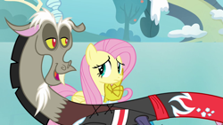 Size: 1280x720 | Tagged: safe, screencap, character:discord, character:fluttershy, species:draconequus, species:pegasus, species:pony, episode:keep calm and flutter on, g4, my little pony: friendship is magic, duo, female, ice skating, male, mare, snow