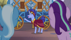 Size: 1280x720 | Tagged: safe, screencap, character:hoo'far, character:starlight glimmer, character:trixie, species:pony, species:unicorn, episode:on the road to friendship, clothing, eyes closed, female, goggles, male, mare, saddle arabian, solo focus, stallion