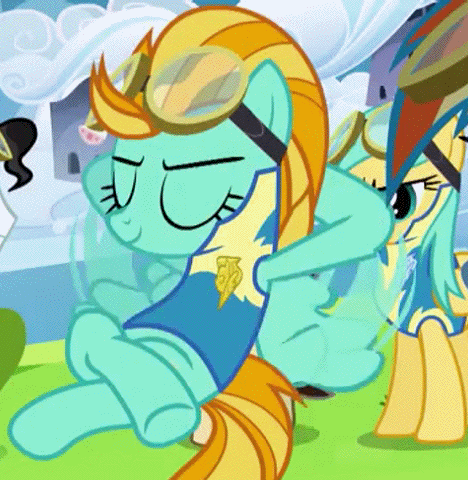 Size: 468x480 | Tagged: safe, screencap, character:lightning dust, character:rainbow dash, character:starry eyes, character:sunshower raindrops, character:wild fire, species:pegasus, species:pony, episode:wonderbolts academy, animated, clothing, crossed legs, dreamworks face, female, goggles, hoofbump, lead pony badge, mare, milky way, solo focus, uniform, wonderbolt trainee uniform