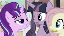 Size: 1920x1080 | Tagged: safe, screencap, character:fluttershy, character:rarity, character:starlight glimmer, character:twilight sparkle, character:twilight sparkle (alicorn), species:alicorn, species:pony, species:unicorn, episode:the cutie map, g4, my little pony: friendship is magic, season 5, angry, bags under eyes, cult, discovery family logo, equalized, exhausted, female, glare, lidded eyes, mare, mocking, open mouth, our town, raised eyebrow, reaction image, s5 starlight