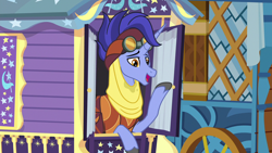 Size: 1280x720 | Tagged: safe, screencap, character:hoo'far, species:pony, species:unicorn, episode:on the road to friendship, clothing, goggles, hoo'far's wagon, male, saddle arabian, solo, stallion, trixie's wagon