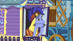 Size: 1280x720 | Tagged: safe, screencap, character:hoo'far, species:pony, species:unicorn, episode:on the road to friendship, clothing, crossed hooves, goggles, hoo'far's wagon, male, saddle arabian, solo, stallion, trixie's wagon