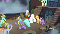 Size: 1920x1080 | Tagged: safe, screencap, character:applejack, character:rockhoof, character:seaspray, character:twilight sparkle, character:twilight sparkle (alicorn), species:alicorn, species:classical hippogriff, species:earth pony, species:hippogriff, species:pony, episode:a rockhoof and a hard place, g4, my little pony: friendship is magic, beard, braid, clothing, facial hair, female, fog, hat, male, mare, sailor hat, sailor uniform, ship, stallion, uniform