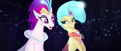 Size: 1920x804 | Tagged: safe, screencap, character:princess skystar, character:queen novo, my little pony: the movie (2017), excited, eyeshadow, faec, female, grin, happy, jewelry, like mother like daughter, looking at each other, makeup, mother and daughter, necklace, shell, smiling, underwater