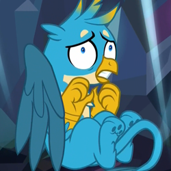 Size: 1079x1078 | Tagged: safe, screencap, character:gallus, species:griffon, episode:what lies beneath, g4, my little pony: friendship is magic, cave, claustrophobia, cowering, cropped, gritted teeth, male, nightmare cave, paw pads, paws, reaction image, scared, solo, underpaw, wide eyes, wing covering, wings
