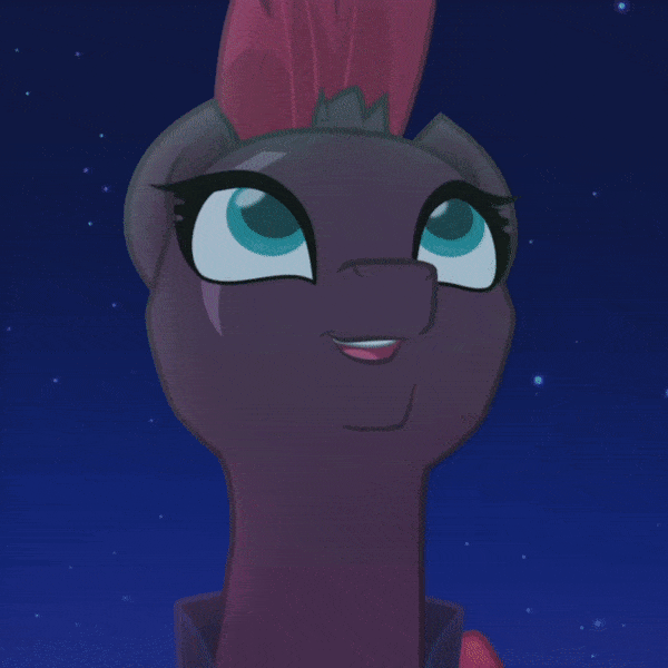 Size: 600x600 | Tagged: safe, screencap, character:fizzlepop berrytwist, character:tempest shadow, species:pony, species:unicorn, my little pony: the movie (2017), animated, armor, beautiful, broken horn, cracked horn, cropped, cute, dawwww, eye scar, female, gif, happy, happy ending, mare, mohawk, pretty, scar, smiling, solo, tempestbetes, when she smiles