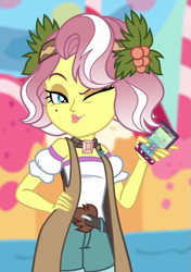 Size: 611x866 | Tagged: safe, screencap, character:vignette valencia, equestria girls:rollercoaster of friendship, g4, my little pony:equestria girls, cellphone, cropped, holly, one eye closed, phone, smartphone, solo, vignette valencia, wink