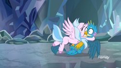 Size: 1920x1080 | Tagged: safe, screencap, character:gallus, character:silverstream, species:classical hippogriff, species:griffon, species:hippogriff, episode:what lies beneath, g4, my little pony: friendship is magic, cave, cute, diastreamies, discovery family logo, duo, female, gallabetes, glomp, hug, male, nightmare cave, paw pads, paws, shipping fuel, tackle, underpaw, wings