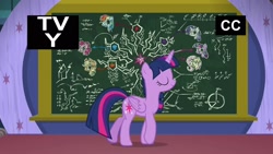 Size: 1920x1080 | Tagged: safe, screencap, character:applejack, character:fluttershy, character:pinkie pie, character:rainbow dash, character:rarity, character:tree of harmony, character:twilight sparkle, character:twilight sparkle (alicorn), species:alicorn, species:pony, episode:what lies beneath, g4, my little pony: friendship is magic, chalkboard, eyes closed, fancy mathematics, mane six, math, tree of harmony, tv rating, tv-y, written equestrian