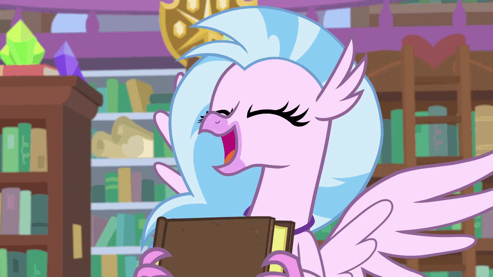 Size: 1920x1080 | Tagged: safe, screencap, character:silverstream, species:classical hippogriff, species:hippogriff, episode:what lies beneath, g4, my little pony: friendship is magic, animated, book, bookshelf, cute, diastreamies, excited, female, ladder, library, nodding, school of friendship, solo