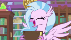 Size: 1920x1080 | Tagged: safe, screencap, character:silverstream, species:hippogriff, episode:what lies beneath, g4, my little pony: friendship is magic, animated, book, bookshelf, cute, diastreamies, excited, female, giggling, ladder, library, nodding, school of friendship, solo, sound, webm