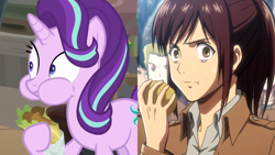 Size: 1200x675 | Tagged: safe, artist:dwk, screencap, character:starlight glimmer, species:pony, species:unicorn, episode:on the road to friendship, attack on titan, aweeg*, eating, falafel, female, food, frown, hoof hold, looking at you, mare, potato, puffy cheeks, sasha braus, sweat, sweatdrop, wide eyes