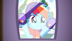 Size: 1920x1080 | Tagged: safe, screencap, character:rainbow dash, species:pegasus, species:pony, episode:best gift ever, g4, my little pony: friendship is magic, against glass, beanie, boots, clothing, cute, dashabetes, female, glass, gloves, hat, mare, scarf, shoes, snow, solo, window, winter