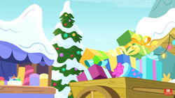 Size: 1334x750 | Tagged: safe, screencap, episode:best gift ever, g4, my little pony: friendship is magic, hearth's warming tree, no pony, present, snow, tree, wagon