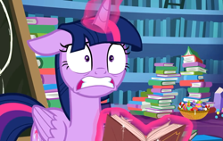 Size: 1140x720 | Tagged: safe, screencap, character:twilight sparkle, character:twilight sparkle (alicorn), species:alicorn, species:pony, episode:best gift ever, g4, my little pony: friendship is magic, book, candy, chalkboard, female, food, glowing horn, library, magic, magic aura, mare, solo, stressed, telekinesis, twilight's castle, twilight's castle library, twilynanas, wings