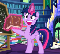 Size: 703x630 | Tagged: safe, screencap, character:twilight sparkle, character:twilight sparkle (alicorn), species:alicorn, species:pony, episode:best gift ever, g4, my little pony: friendship is magic, book, chalkboard, cropped, cute, descriptive noise, faec, female, glowing horn, great moments in animation, horse noises, magic, magic aura, mare, open mouth, smeel, telekinesis, that pony sure does love books, twiabetes, twilight sparkle is best facemaker, twilight's castle, twilynanas, wings