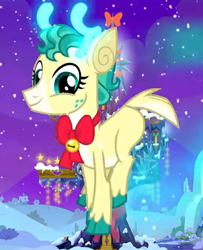 Size: 512x630 | Tagged: safe, screencap, character:alice, species:deer, species:reindeer, episode:best gift ever, g4, my little pony: friendship is magic, antlers, cloven hooves, colored hooves, cropped, female, flying, glowing antlers, looking at you, reindeer antlers, smiling, solo, twilight's castle