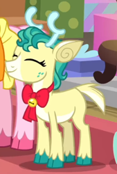 Size: 309x458 | Tagged: safe, screencap, character:alice, species:deer, species:reindeer, episode:best gift ever, g4, my little pony: friendship is magic, adoralice, antlers, bow tie, cloven hooves, colored hooves, cropped, cute, eyes closed, female, reindeer antlers, smiling, solo focus