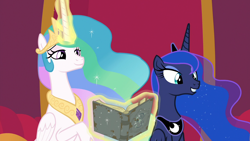Size: 1920x1080 | Tagged: safe, screencap, character:princess celestia, character:princess luna, species:alicorn, species:pony, episode:shadow play, g4, my little pony: friendship is magic, book, canterlot, cute, ethereal mane, female, galaxy mane, magic, mare, royal sisters, sisters, smiling, starswirl's book, telekinesis, throne room