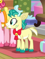 Size: 315x410 | Tagged: safe, screencap, character:alice, species:deer, species:reindeer, episode:best gift ever, g4, my little pony: friendship is magic, adoralice, antlers, bow tie, cloven hooves, colored hooves, cropped, cute, female, reindeer antlers, solo focus