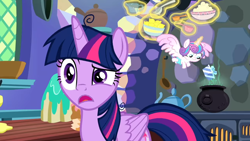 Size: 1274x716 | Tagged: safe, screencap, character:princess flurry heart, character:twilight sparkle, character:twilight sparkle (alicorn), species:alicorn, species:pony, episode:best gift ever, g4, my little pony: friendship is magic, aunt and niece, cauldron, cooking pot, duo, female, filly, foal, magic, magic aura, mare, telekinesis
