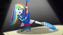 Size: 1280x714 | Tagged: safe, screencap, character:rainbow dash, equestria girls:rainbow rocks, g4, my little pony:equestria girls, awesome as i wanna be, awesome as i want to be, cute, dashabetes, guitar, happy, smiling, spotlight, stage