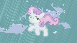 Size: 1280x720 | Tagged: safe, screencap, character:sweetie belle, species:pony, species:unicorn, episode:for whom the sweetie belle toils, bubble, dolphin, dream, female, filly, foal, underwater