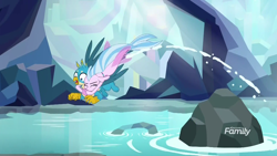 Size: 1920x1080 | Tagged: safe, screencap, character:gallus, character:silverstream, species:griffon, species:seapony (g4), episode:what lies beneath, g4, my little pony: friendship is magic, cave, discovery family logo, duo, eyes closed, female, glomp, leaping, male, nightmare cave, pond, shipping fuel, water